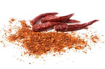Close up,Cayenne pepper (Ground chili) and dried chilli isolated on white background.