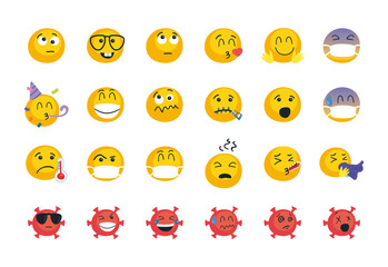 Coronavirus and emojis flat style icon set vector design