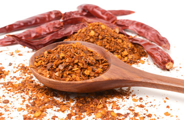 Close up,Cayenne pepper (Ground chili) and dried chilli isolated on white background.