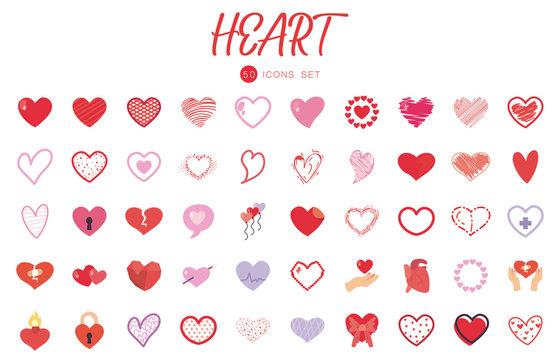 50 Hearts flat style icon set vector design