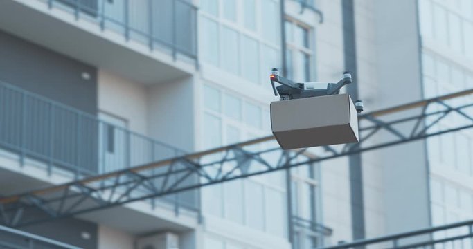 Drone with food and medicine parcel flying in residential area
