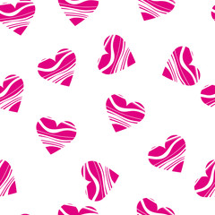 
Bright pink hearts on a white background. Seamless ornament. Romantic print. Saturated pattern for wallpaper, fabric, clothing, interior decoration, textiles, packaging. Vector illustration