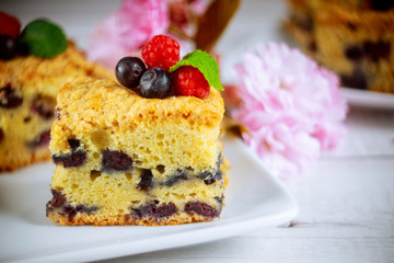 Piece of blueberry sour cream cake on white wooden background.