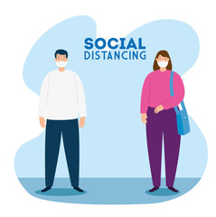 campaign of social distancing for covid 19 with couple using face mask vector illustration design