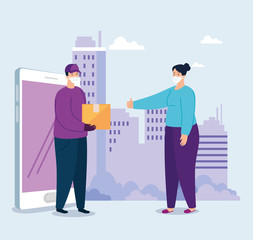 smartphone and worker using face mask delivering packages vector illustration design