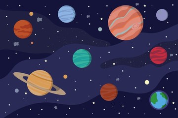 Planets in space background. Solar system in cartoon style vector illustration.  Cosmos with  Jupiter, Saturn and other objects.