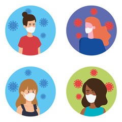 group women using face mask with particles covid 19 vector illustration design