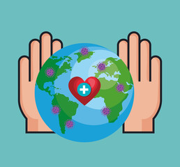 hands and world planet with particles covid 19 vector illustration design
