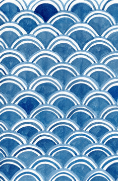 Ancient japanese pattern, Water wave circle style, Fish scale, oriental art watercolor hand painting background.