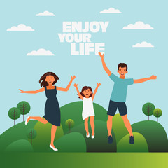 Happy family jumping on mountain landscape background. Father, mother and daughter. Travel, vacation, holidays and adventure vector concept illustration. Poster design style