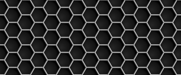 Metal grid hexagon seamless pattern. Black background geometric.