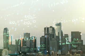 Double exposure of scientific formula hologram on Los Angeles city skyscrapers background, research and development concept