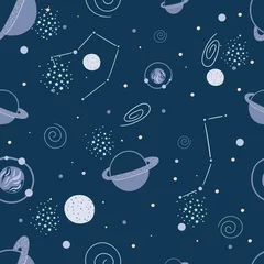 Sierkussen Naadloos ruimtepatroon met krabbelplaneten, melkweg, sterren en sterrenbeeld. Vector kosmos achtergrond. © Yulia Mei
