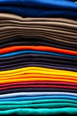 details of clothing and textile on display in clothing store folded, stacked and hanging