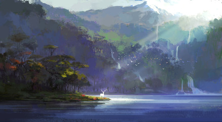 A deer stands by a secluded lake, digital illustration. © liuzishan