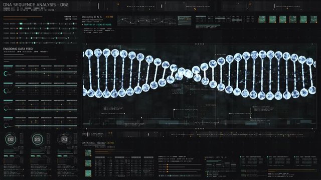 Futuristic holographic advance biomedical DNA sequence analysis diagnostic head up display for background computer screen display