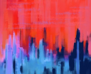 Abstract cityscape painting with hot sky background. Urban wallpaper