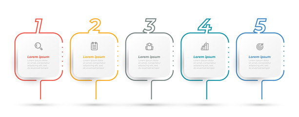 Thin line flat elements for business process steps. Timeline infographic with 5 number options. 