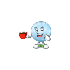 An image cartoon character of collagen droplets with a cup of coffee