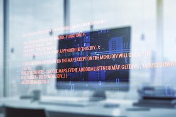 Multi exposure of abstract software development hologram on laptop background, research and analytics concept