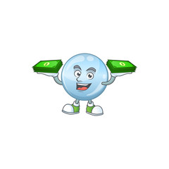 A cheerful collagen droplets mascot design with some money on hands
