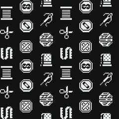 1bit sewing tools abstract seamless pattern, pixel art style black and white abstract texture background, knitting design. Game design. Isolated vector 1-bit monochrome illustration. 