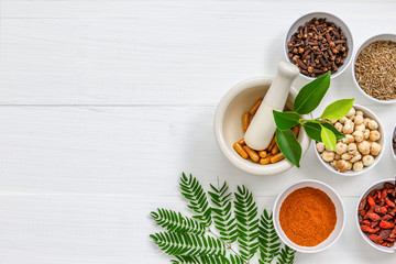 Herbal supplement in capsules with healthy medicinal plant.Alternative drug or natural pharmaceutical capsule.Medication of vitamin supplemental for care and treatment.Top view.
