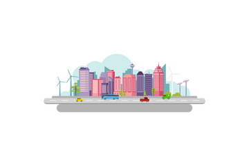 Fototapeta premium illustration of a smart and modern capital city with skyscrapers and smart transportation flat design