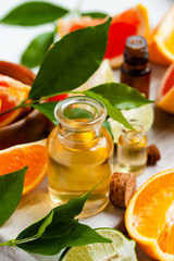 Concept of natural organic ingredients for skin face and body health care. Moisturizing, aromatherapy, detox treatment, anti-stress effect. Fresh fruit, green leaves, white background, close up