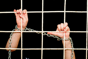 the Quarantine Pandemic Restriction Concept Chained Hands Behind Iron Bars