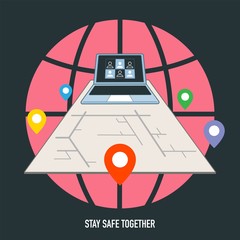 Stay safe together. Work from home. Reduce close contact to prevent coronavirus infection. Vector illustration outline flat design style.