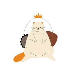 A cartoon cute fat beige cat resting..On the pillows sits a hand-drawn royal animal. Thoroughbred thoroughbred cat. Vector illustration isolated on a white background.