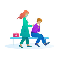 Female doctor examining sick patient with stethoscope. Coronavirus diagnosis and treatment in hospital. Patient with cough, doctor in uniform and medical mask vector illustration in cartoon style.