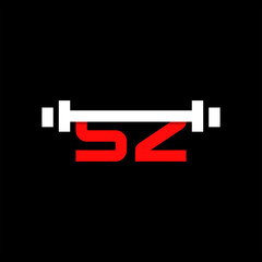 Minimal abstract letter SZ gym logo with dumbbell or barbell. Creative design graphic template in red and white color. Isolated in black background with flat style. Can be used for gym and fitness.