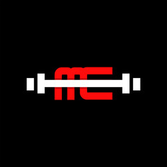 Minimal abstract letter MC gym logo with dumbbell or barbell. Creative design graphic template in red and white color. Isolated in black background with flat style. Can be used for gym and fitness.