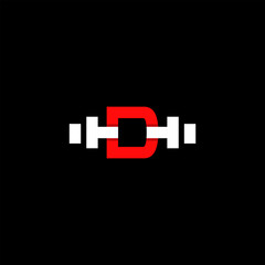 Minimal abstract letter D gym logo with dumbbell or barbell. Creative design graphic template in red and white color. Isolated in black background with flat style. Can be used for gym and fitness.