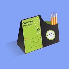Table spiral calendar design with clock and pencil box, Simple desk calendar Layout for 2021 years. Vector illustration.