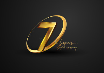7 Years Anniversary Celebration. Anniversary logo with ring and elegance golden color isolated on black background, vector design for celebration, invitation card, and greeting card.