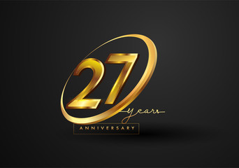 27 Years Anniversary Celebration. Anniversary logo with ring and elegance golden color isolated on black background, vector design for celebration, invitation card, and greeting card.