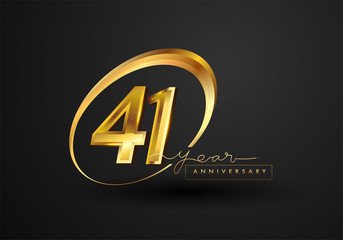 41 Years Anniversary Celebration. Anniversary logo with ring and elegance golden color isolated on black background, vector design for celebration, invitation card, and greeting card.