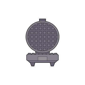 Contour color illustration of an open waffle iron front view on white background. Tool for making breakfast. Simple outline vector image for logo, icon and your creativity.