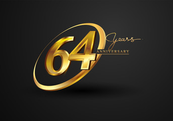 Obraz premium 64 Years Anniversary Celebration. Anniversary logo with ring and elegance golden color isolated on black background, vector design for celebration, invitation card, and greeting card.