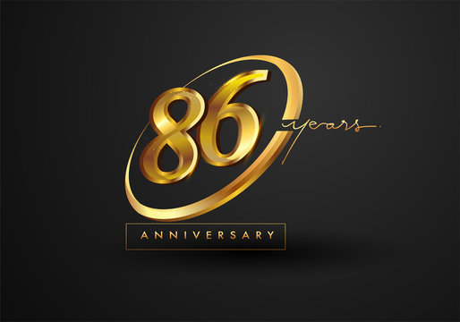 86 Years Anniversary Celebration. Anniversary logo with ring and elegance golden color isolated on black background, vector design for celebration, invitation card, and greeting card.