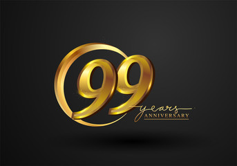 99 Years Anniversary Celebration. Anniversary logo with ring and elegance golden color isolated on black background, vector design for celebration, invitation card, and greeting card.