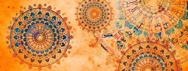 Poster Im Rahmen Mandala bunte Vintage-Kunst, altes indisches vedisches Hintergrunddesign, alte Maltextur mit mehreren mathematischen Formen © RAKR