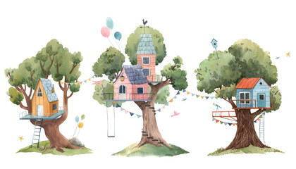 Beautiful set with three cute watercolor children tree houses. Stock illustration.