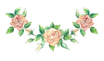 A wreath, a composition with delicate rose flowers and decorative twigs for wedding and festive decoration of invitations, business cards, postcards, and other things. Watercolor style