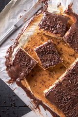 Pedaços de Bolo Formigueiro com Cobertura de Chocolate ao Leite e Granulado de Brigadeiro sobre papel manteiga