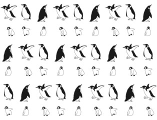 ペンギンの親子のイラスト総柄（モノクロ） - obrazy, fototapety, plakaty