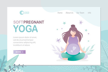 Beauty pregnant woman sitting in lotus yoga pose. Soft prenatal yoga landing page template.